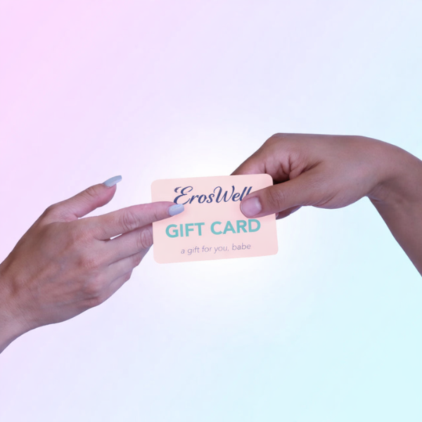 ErosWell gift card being handed from one person to another – perfect intimate wellness gift for couples