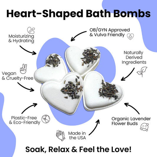 ErosWell heart shaped bath bombs benefits infographic showing natural ingredients and relaxation features