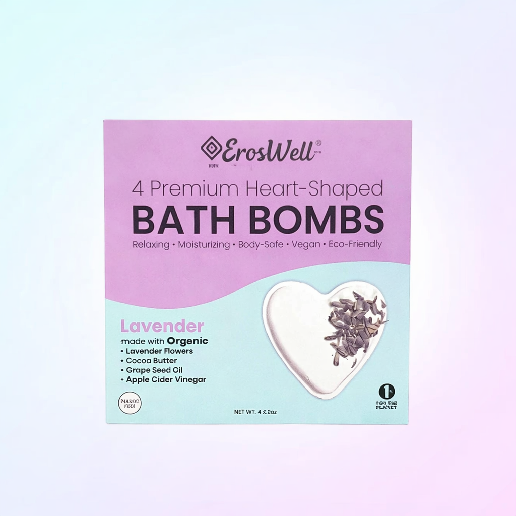ErosWell heart shaped vegan bath bombs set packaging