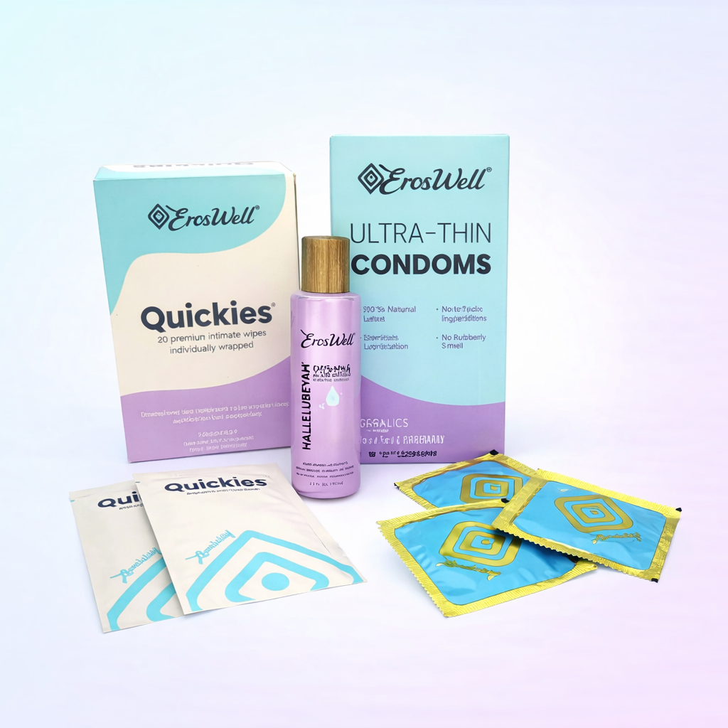 ErosWell intimate wellness bundle with condoms wipes and lubricant