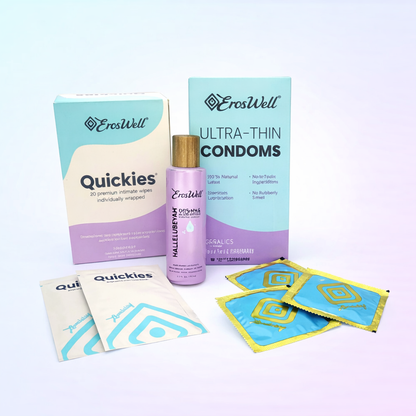 ErosWell intimate wellness bundle with condoms wipes and lubricant