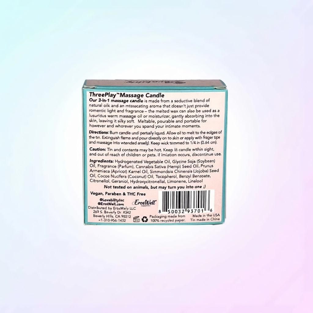 ErosWell ThreePlay massage candle packaging ingredients label
