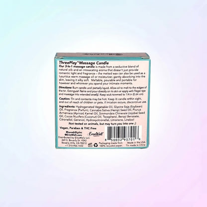 ErosWell ThreePlay massage candle packaging ingredients label