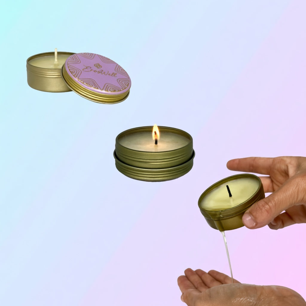 ErosWell ThreePlay massage candle tin opened showing massage oil candle