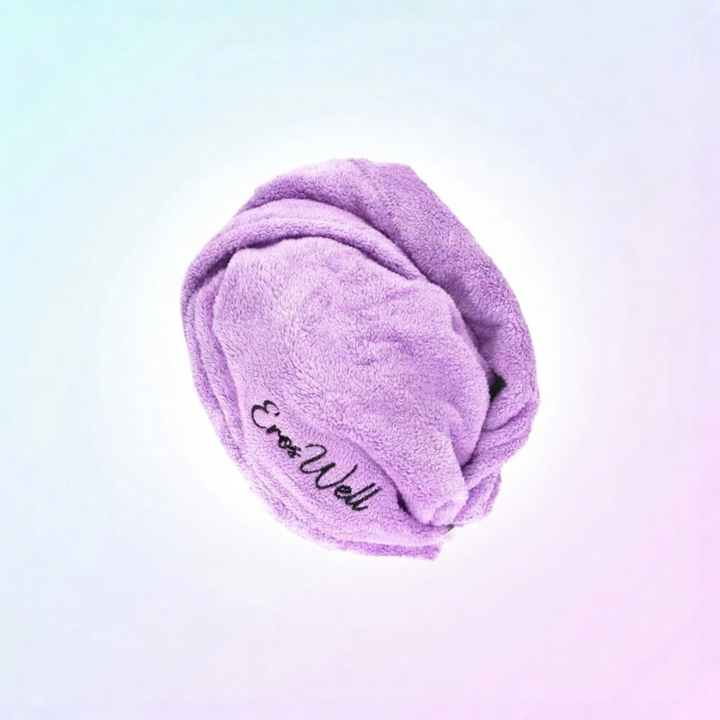 ErosWell microfiber hair towel wrap in soft purple fabric for quick hair drying