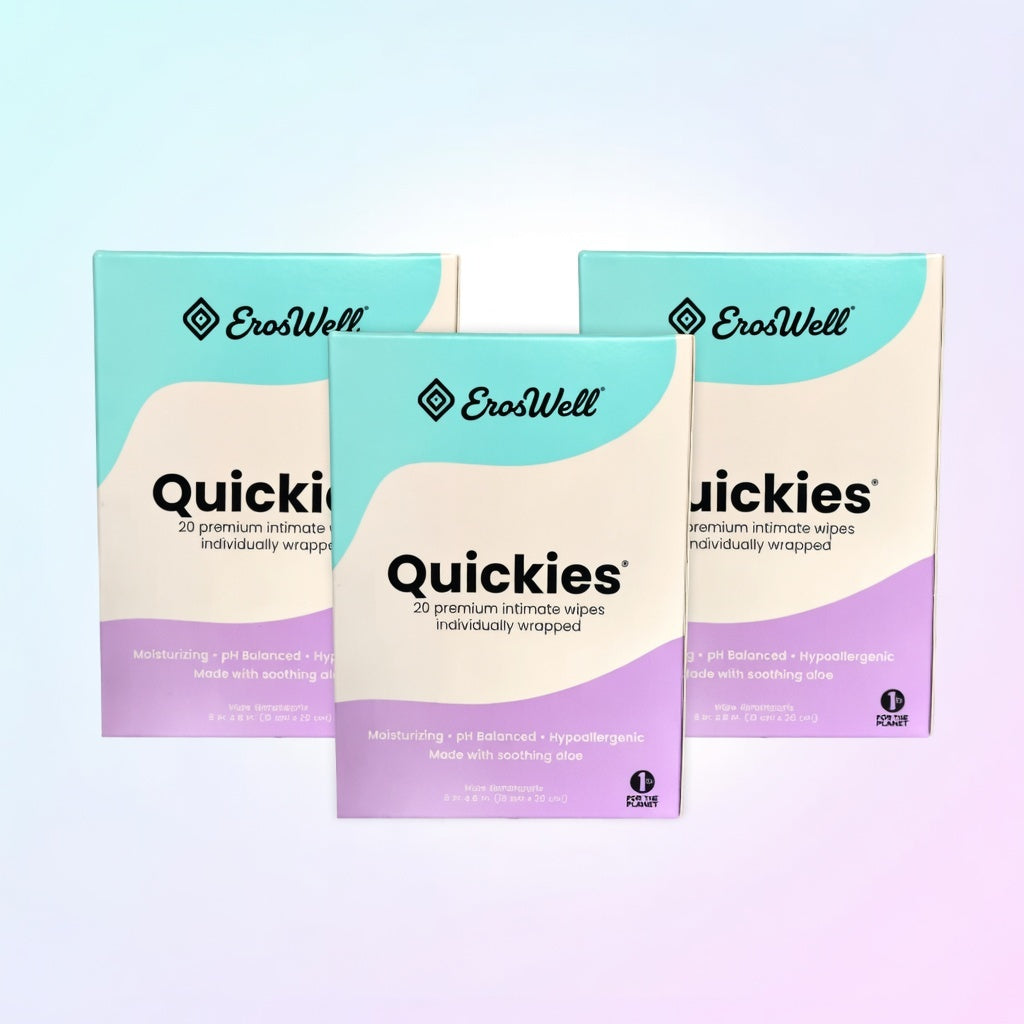 ErosWell Quickies intimate wipes pack with individually wrapped wipes