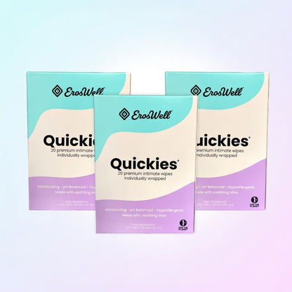 ErosWell Quickies intimate wipes pack with individually wrapped wipes