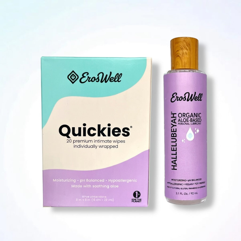 ErosWell Slip and Wipe Pack with organic aloe personal lubricant and intimate wipes