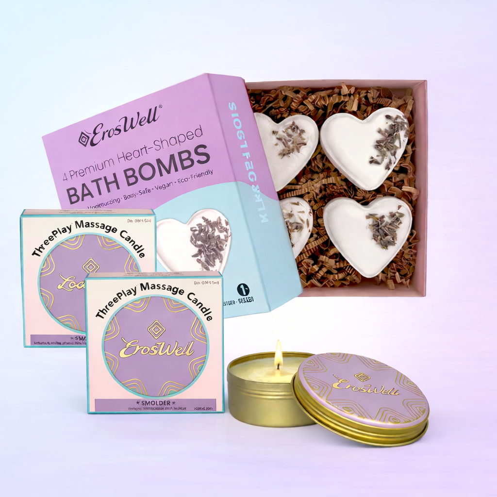 ErosWell Soak and Relax Bath Kit with heart shaped bath bombs and massage candle