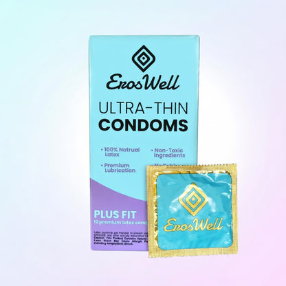 ErosWell Ultra Thin Condoms box with natural latex condom wrapper