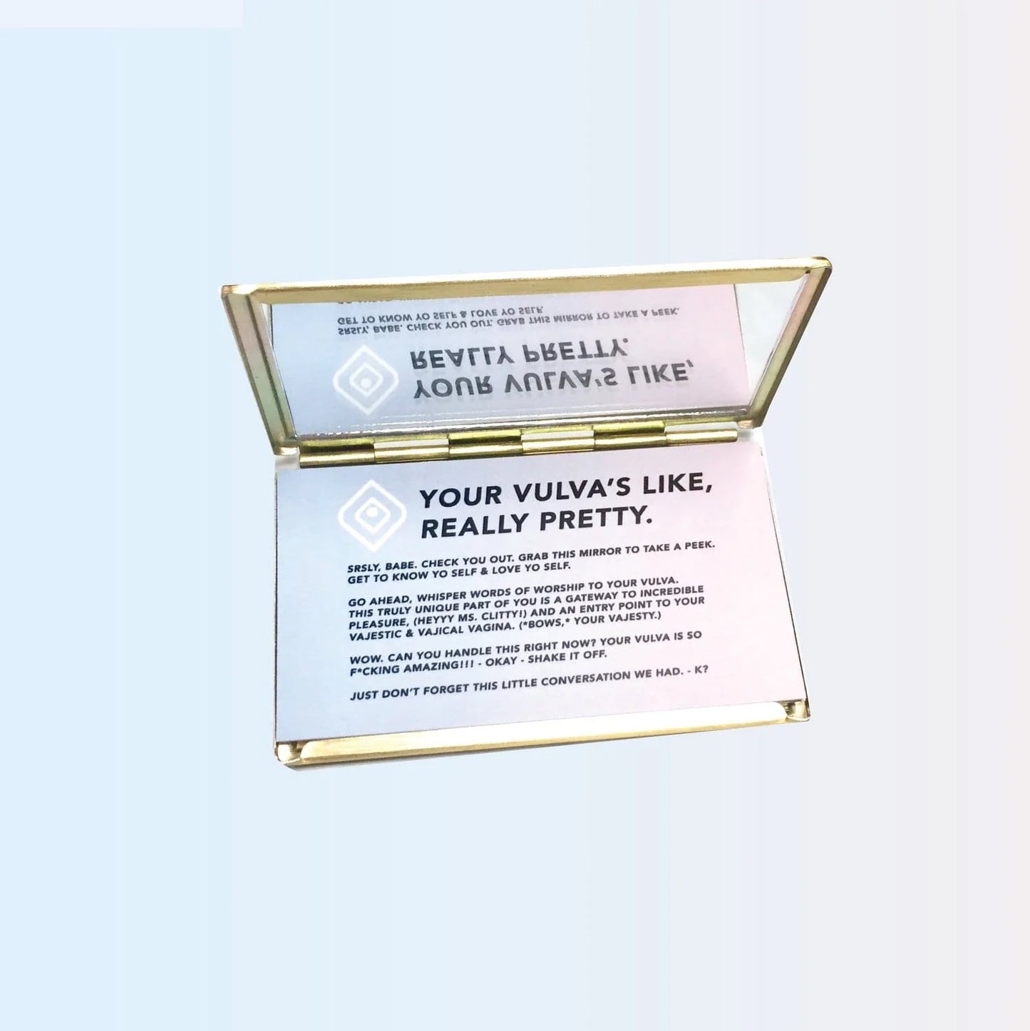ErosWell Your Vajesty compact mirror open showing body positive message