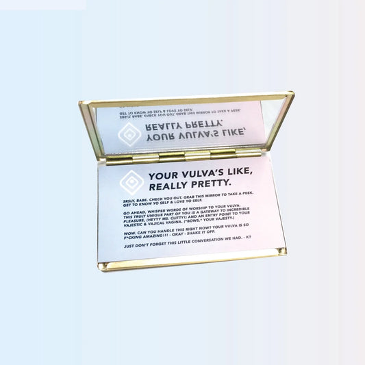 ErosWell Your Vajesty compact mirror open showing body positive message